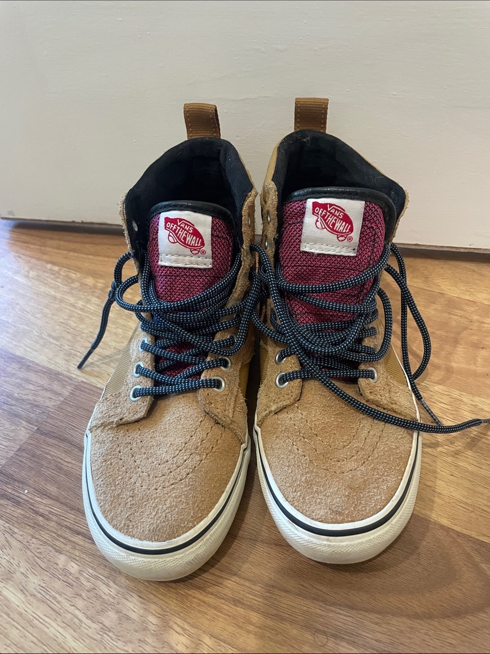 Vans Tan Suede High-Top Sneakers with Red Tongue